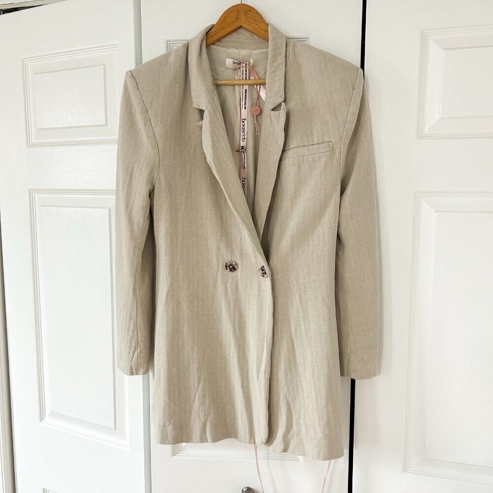 NWT House of CB Colette Linen Blazer Dress Oatmeal Beige Small Belted Wrap Mini - Picture 3 of 10
